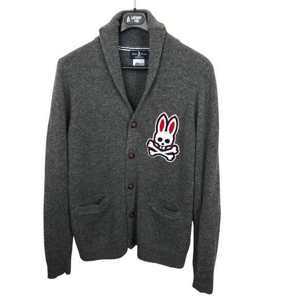 Psycho Bunny Shawl Neck Gray 100% Wool Cardigan Size M - Picture 3 of 8